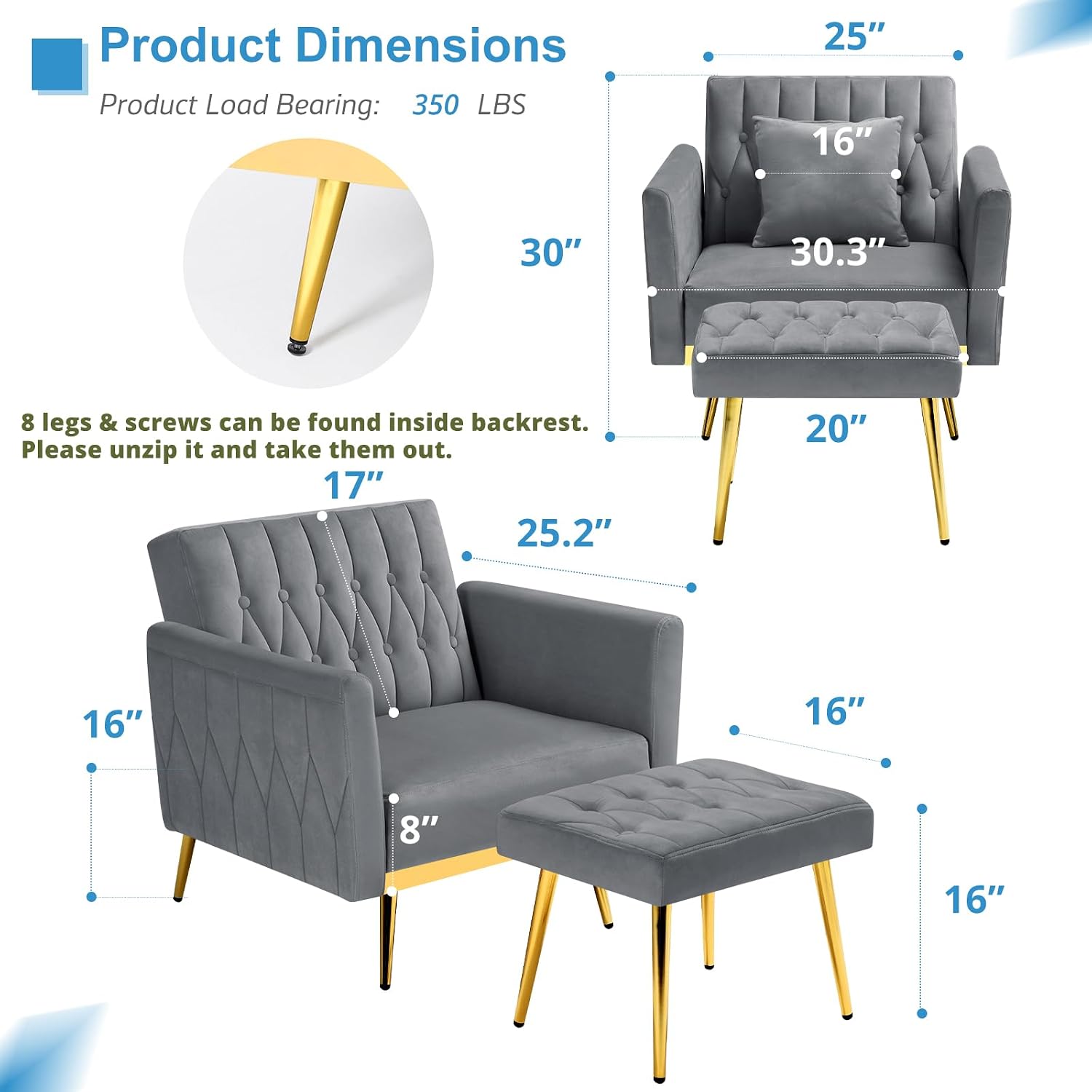 2 Pieces Velvet Sofa Set with Adjustable Armrest and Backrest, 70' Convertible Futon Sofa Bed & Mordern Accent Chair with Ottoman for Living Room, Bedroom, Grey