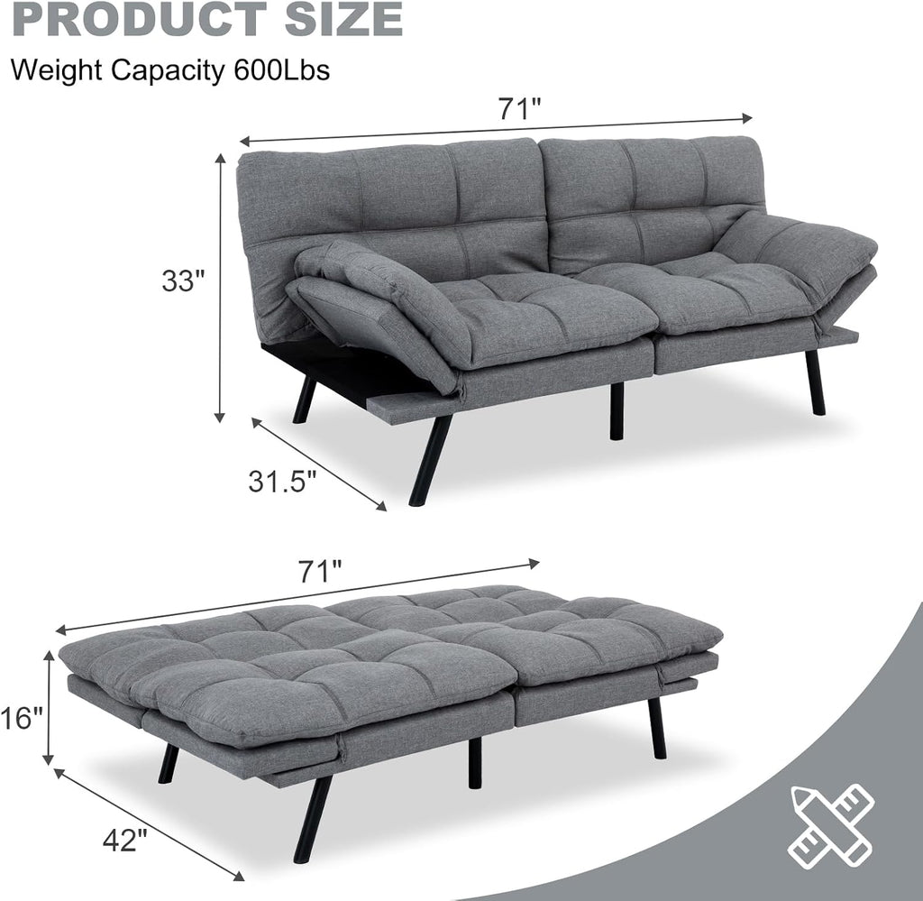 MUUEGM Futon Sofa Bed Convertible Couch,Memory Foam Futon Sofa Couch,Sleeper Futons Sofa Couches,Small Splitback Modern Loveseat Sofa Bed for Living Room,Office,Apartment,Linen Fabric,Light Gray.