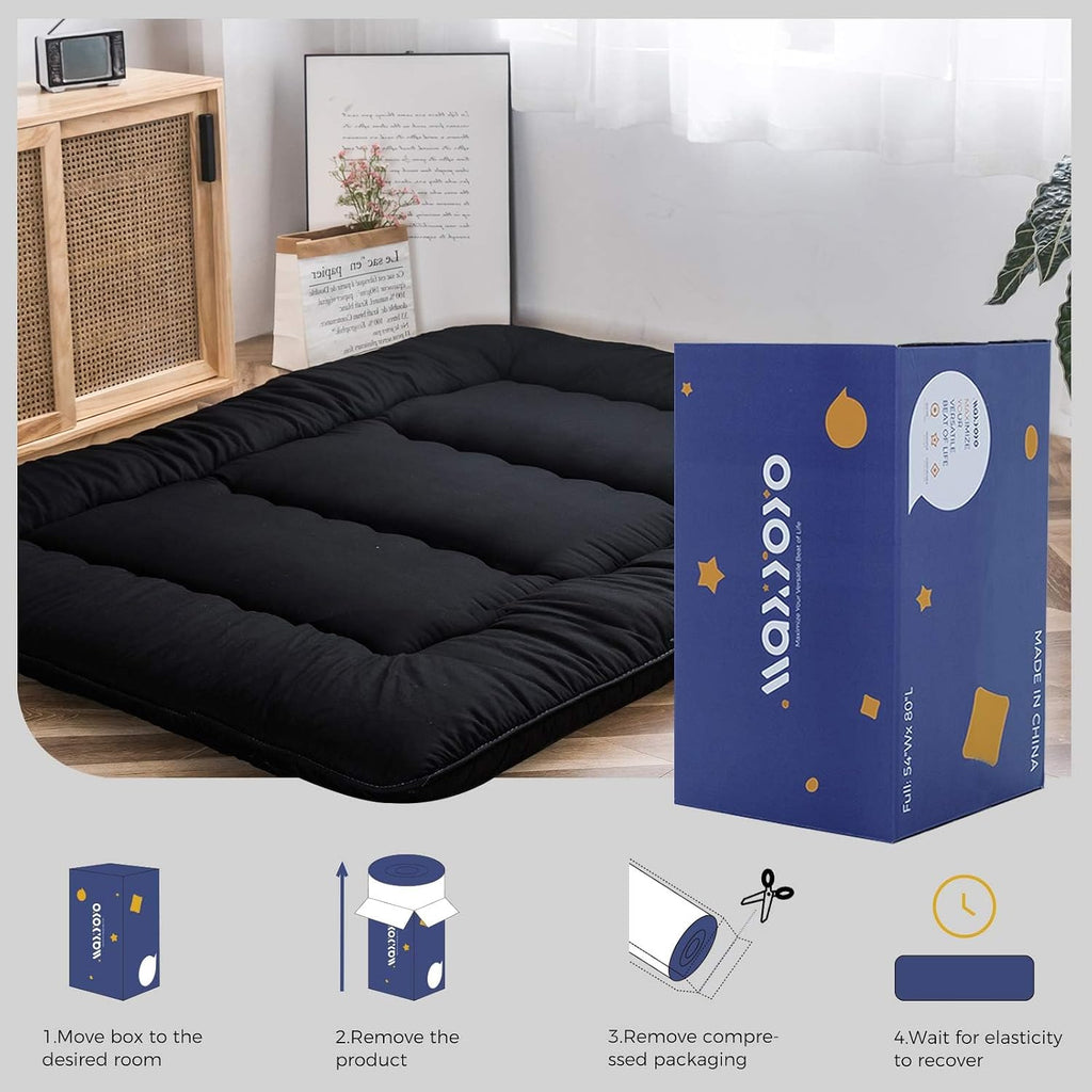 MAXYOYO Japanese Floor Mattress Futon Mattress, 4' Thicken Tatami Mat Sleeping Pad Foldable Roll Up Mat Boys Girls Dormitory Pad Kids Floor Lounger, Black, King