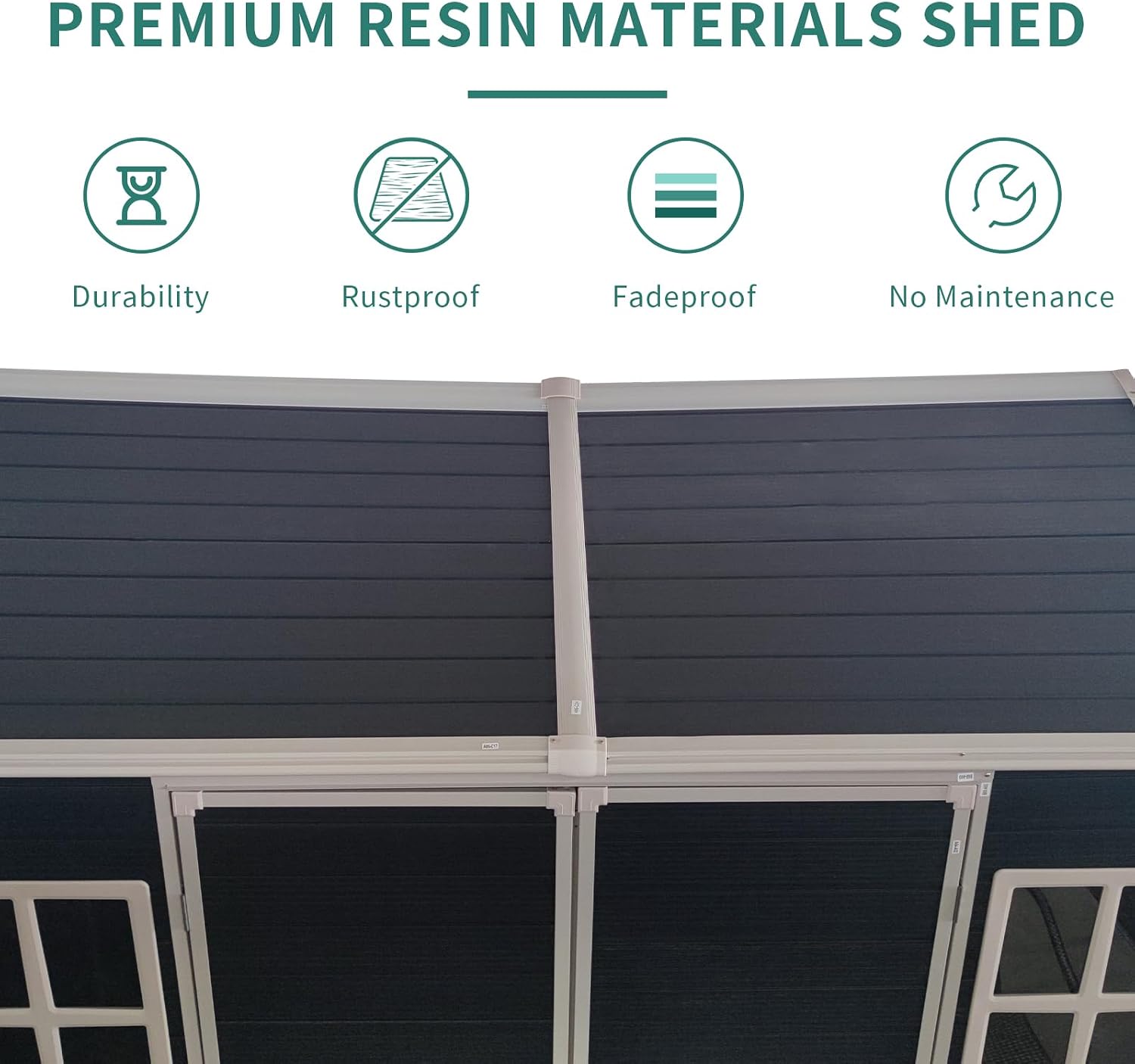 KUIKUI Outdoor Shed with Floor Included, Plastic Storage Sheds with Floor, 4x8 shed with 2 Windows and Lockable Door for Garden Tools, Carbon Black