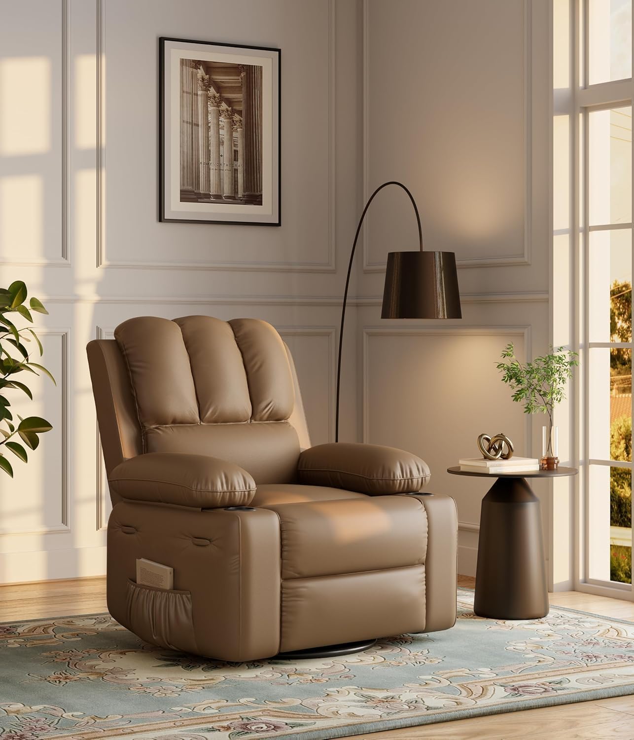 GarveeLife Oversized Recliner Chairs with Heat and Massage - Lazy Sofa for Adults- Manual Chair Recliner with Cup Holder for Living Rooms, Bedrooms and Nurseries - Tan