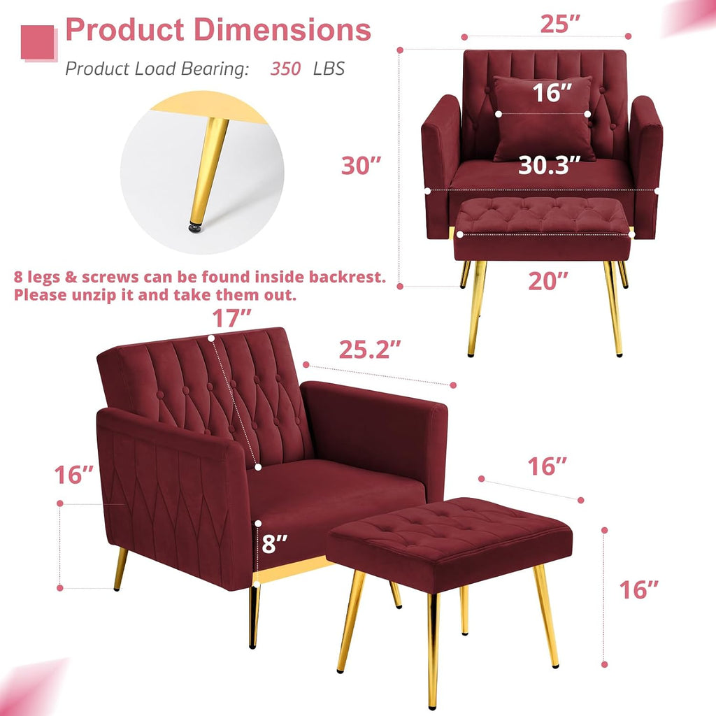 2 Pieces Velvet Sofa Set with Adjustable Armrest and Backrest, 70' Convertible Futon Sofa Bed & Mordern Accent Chair with Ottoman for Living Room, Bedroom, Red