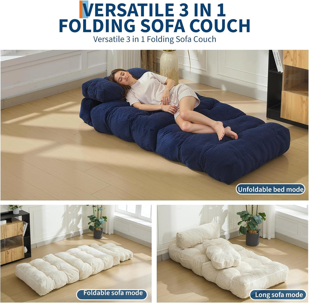 Folding Sofa Bed, 3-in-1 Convertible Sleeper Chair with Pillow, Futon Couch Bed with Back Support, Portable Fold Out Chair Bed Comfy Floor Sofa Lounge for Living Room Bedroom, Navy Blue