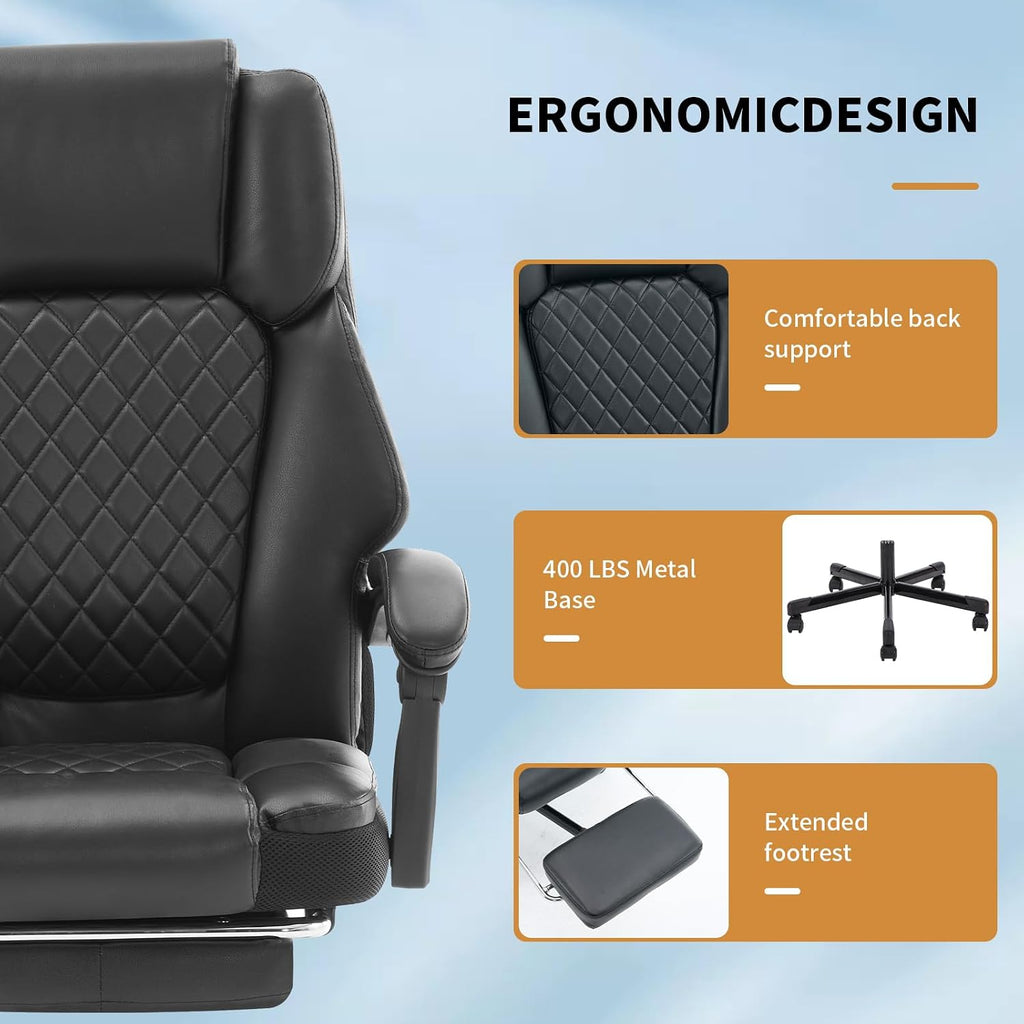High-Performance Black Massage Office Chair Extendable Footrest + 6-Zone Vibration Heating 400lbs Heavy-Duty Recliner Ergonomic Executive Managerial Chair for Home Office Black