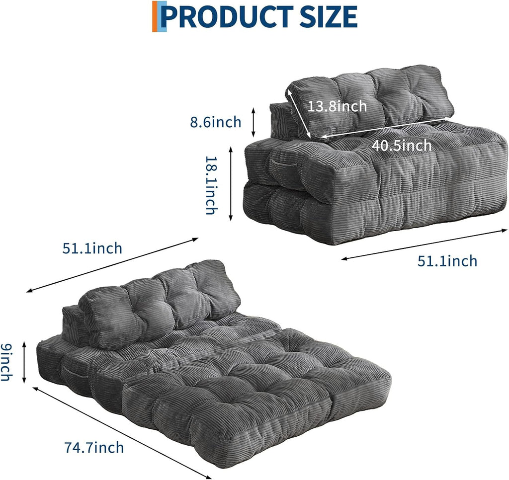 Folding Sofa Bed, 3-in-1 Convertible Sleeper Chair with Pillow, Double Futon Couch Bed with Back Support, Portable Fold Out Chair Bed Comfy Floor Sofa Lounge for Living Room Bedroom, Gray