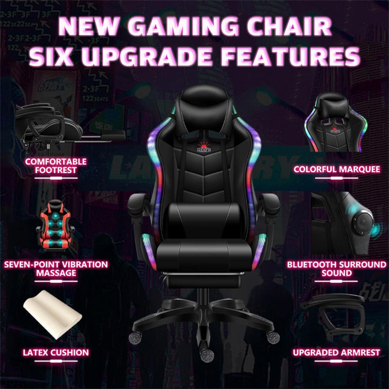 Gaming Chair for Adult with Footrest and Massage, Video Game Chair with Speakers and RGB LED Lights, PU Leather, Ergonomic Racing Computer Chairs with Lumbar Support and Armrest,Red