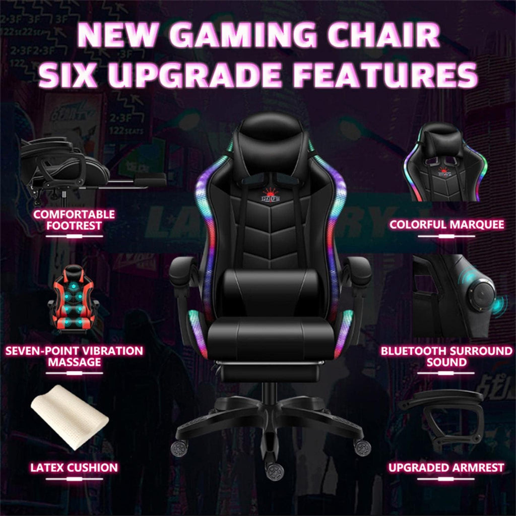 Gaming Chair for Adult with Footrest and Massage, Video Game Chair with Speakers and RGB LED Lights, PU Leather, Ergonomic Racing Computer Chairs with Lumbar Support and Armrest,White