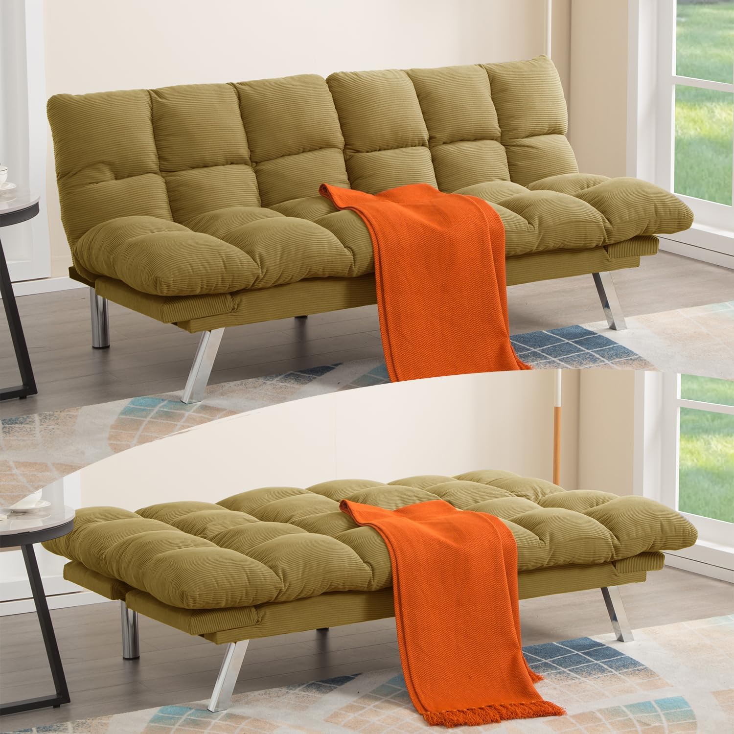 Modern Yellow Corduroy Convertible Folding Futon Couch Sofa Bed Adjustable Pillow Top Arm Memory Foam Couch Double Loveseat Sofas for Compact Living Space, Apartment, Bedroom (67.3' Yellow)