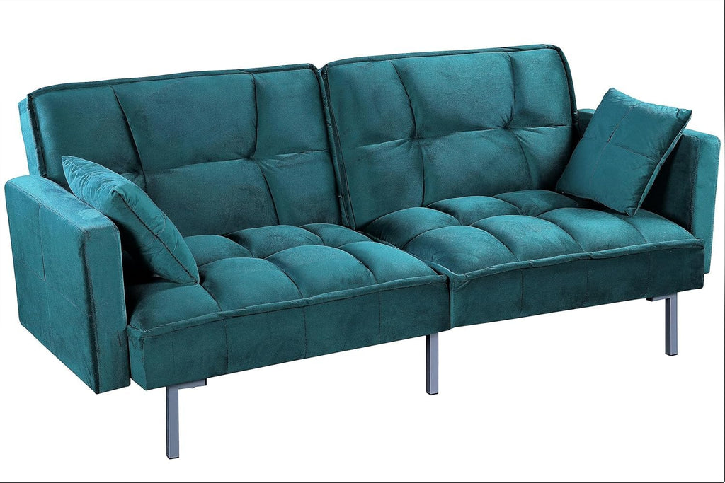 Container Furniture Direct Regal 75.6' Velvet Convertible Sofa Bed - Mid-Century Sleeper Couch w/Tufted Design & Metal Legs - Pull-Out Futon for Guests/Home (75.6' W x 34.6' D x 32' H), Blue