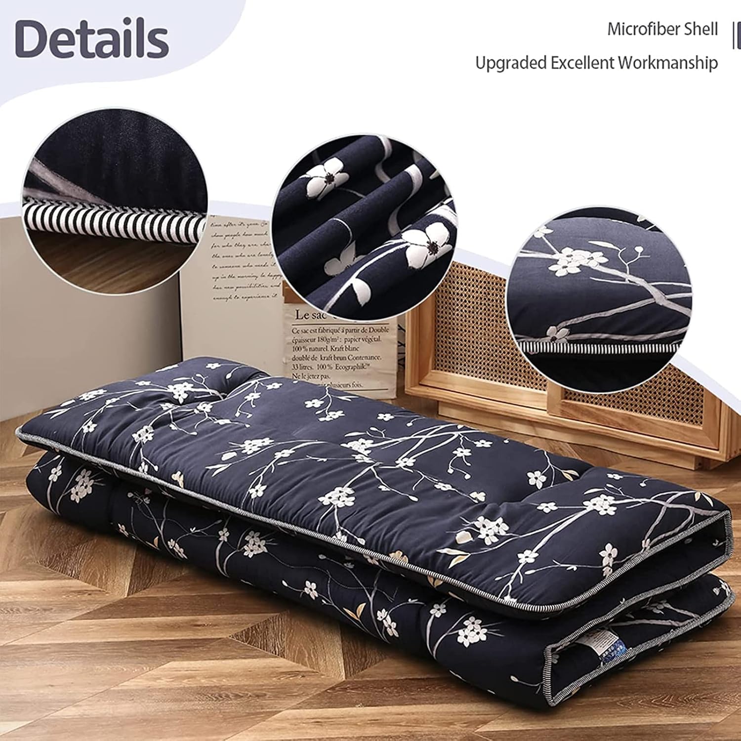 MAXYOYO Navy Floral Printed Japanese Floor Mattress Rustic Style Futon Mattress Foldable Bed Roll Up Camping Mattress Floor Lounger Bed Couches, King Size