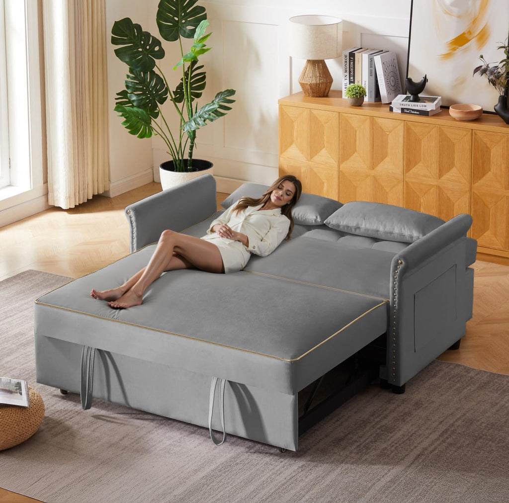 oaaktu 57-Inch Velvet Full Size Sleeper Sofa Couch with Pullout Bed,Convertible Pull Out with Golden Decorative Strip and Adjustable Backrest for Small Spaces,Apartment, Guest Room, RV (Grey)