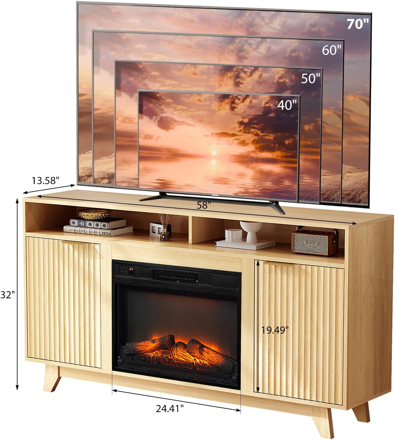 VINGLI Fluted Fireplace TV Stand for up to 70 inch TVs, Entertainment Center with Electric Fireplace Heater & Adjustable Shelves ＆ Open Cabinet, Fireplace Media Console Table for Living Room, Oak