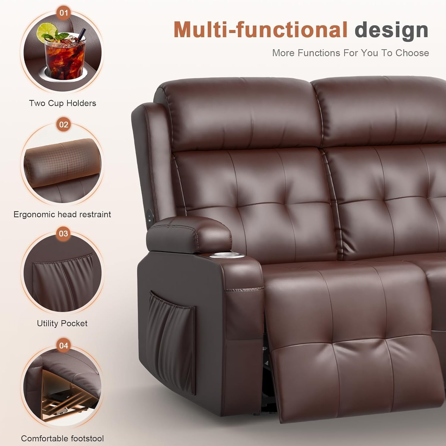 RV Loveseat Recliner Sofa, Wall Hugger Massage Reclining RV Couch with USB, Insert Pockets, Cup Holders, 150° RV Recliners Sleeper Sofa for RV Furniture & Travel Trailers & Home Theater Seating
