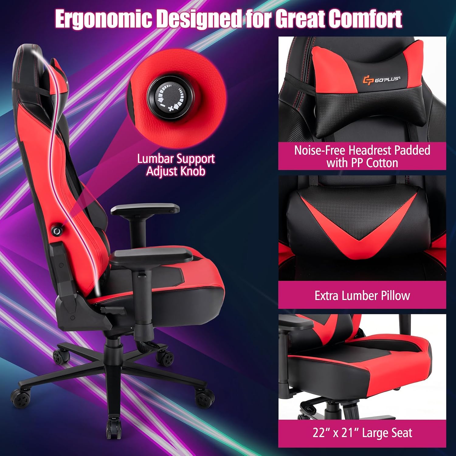 POWERSTONE Big and Tall Gaming Chair 400LBS, Fabric Computer Chair Racing Style High Back Gamer Chair with Adjustable Lumbar Support, 4D Armrest,Wide Seat for Adult Teens (Red)
