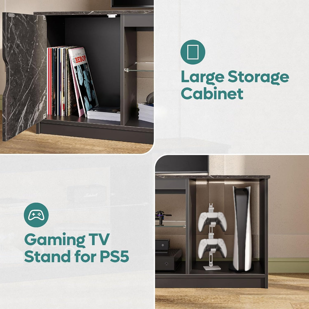 Bestier LED TV Stand for 55/60/65 Inch TV, Gaming Entertainment Center with Cabinet for PS5, Xbox,Modern TV Cabinet with Adjustable Glass Shelves for Living Room, Bedroom 57 Inch,Black Marble