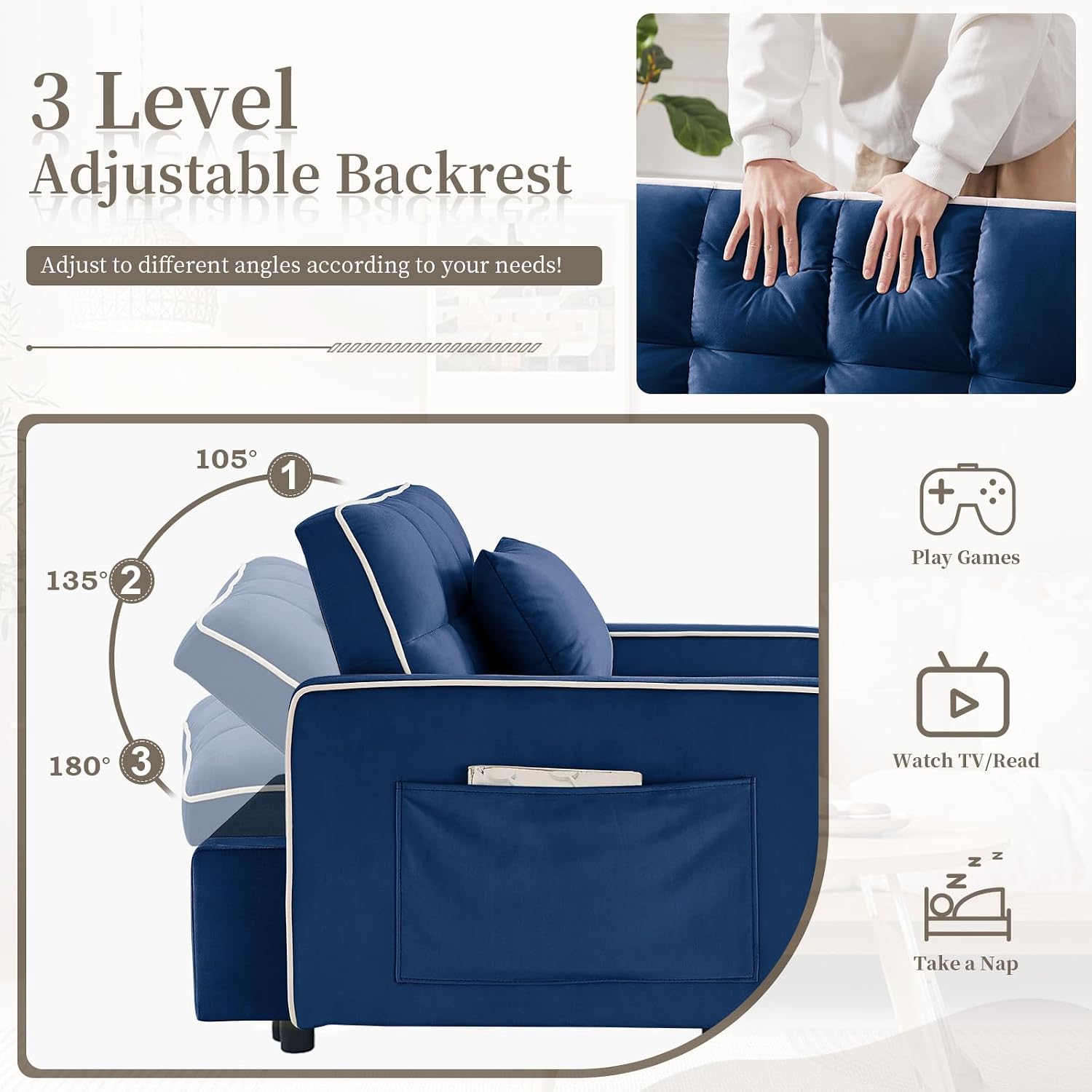 Convertible Single Sleeper Chair Bed,3 in 1 Velvet Futon Sleeper Sofa Bed with USB Ports & Phone Holder,Pull Out Couch Bed,Adjustable Recliner Armchair bed for Living Room,Office,Small Places(Blue)