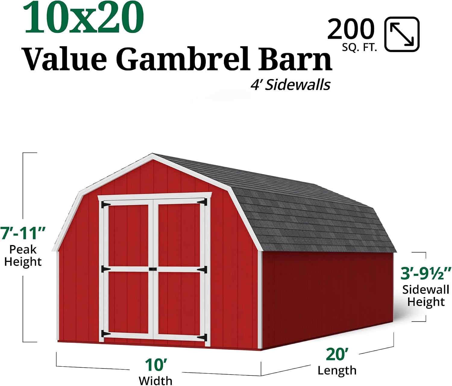 Little Cottage Co. 10x20 Value Gambrel Barn with 4 ft. Sidewalls with Floor, Outdoor Wood Storage Shed Do-It-Yourself Precut Kit