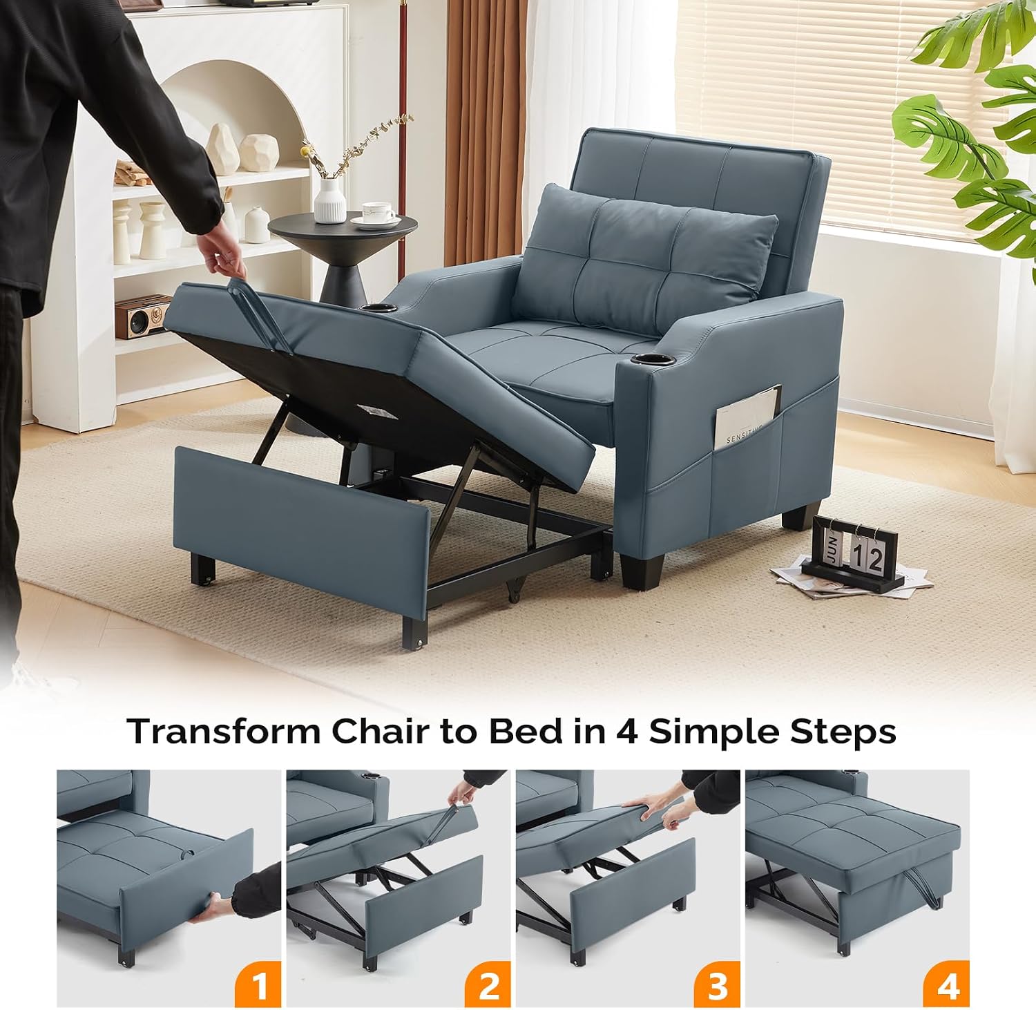 VINGLI Blue Gery Sleeper Chair Bed 3-in-1 Convertible Futon Sofa Bed Pull Out Couch Bed Adjustable Recliner Chair with USB Ports Cup Holders Side Pockets for Living Room Bedroom Small Spaces