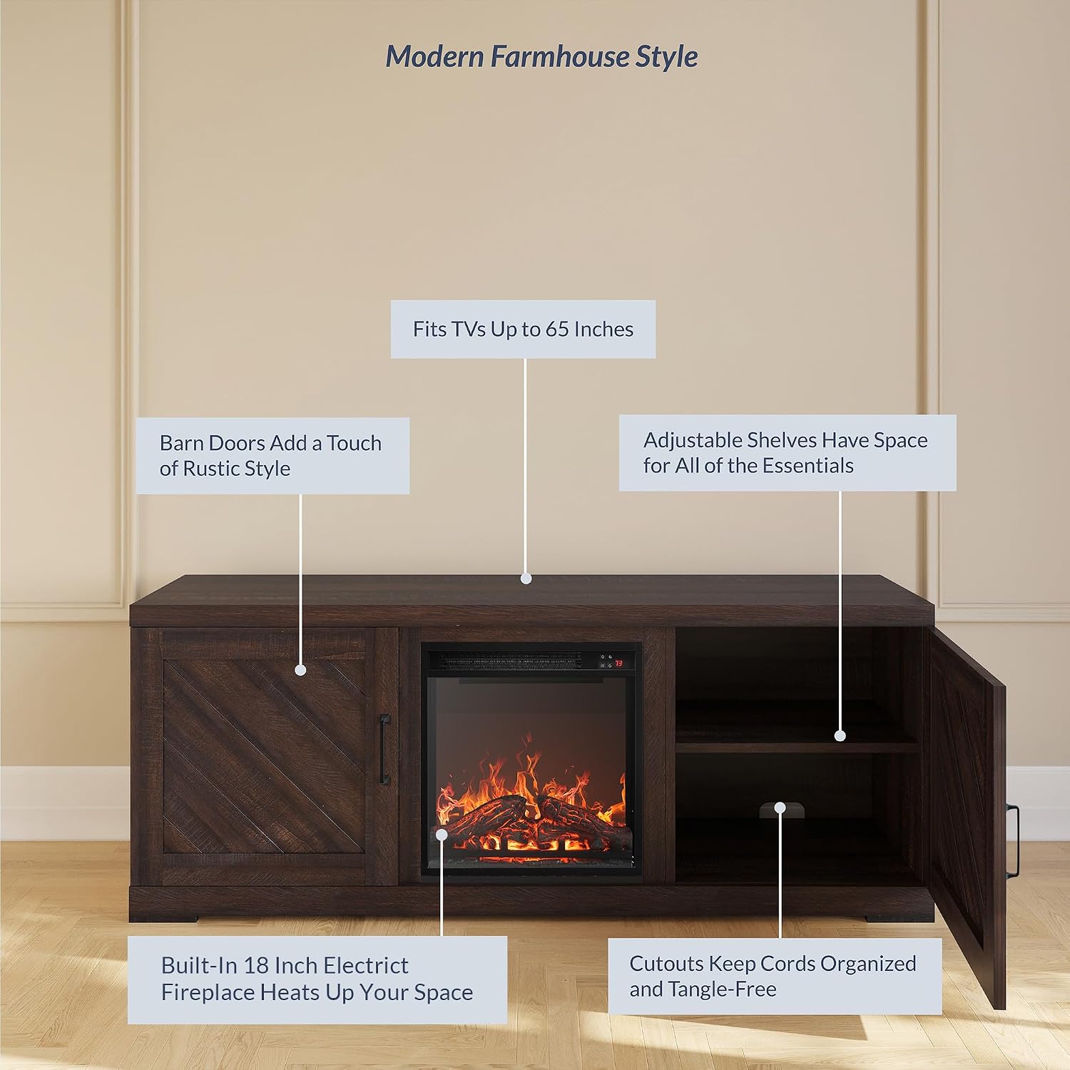 BELLEZE Modern 58' Farmhouse TV Stand with 18' Electric Fireplace Heater & Media Entertainment Center for TV up to 65', Console Table with Storage Cabinets - Hilo (Espresso)