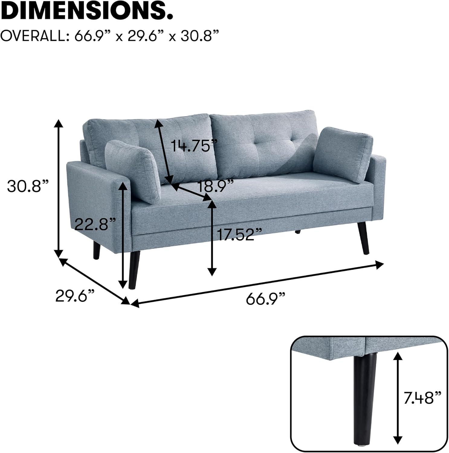 Serta Benrama 67' Soft Modern Sofa, Square Track Arms, Solid Wood Legs, Easy Assembly, Dream Coil Comfort, Soft Woven Polyester Fabric, Light Gray