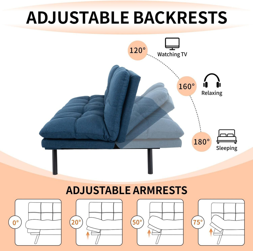 MUUEGM Futon Sofa Bed 71' Convertible Memory Foam Royal Blue Futon Couch Bed Modern Loveseat Sleeper with Adjustable Backrests Armrests for Living Room,Small Space,Office