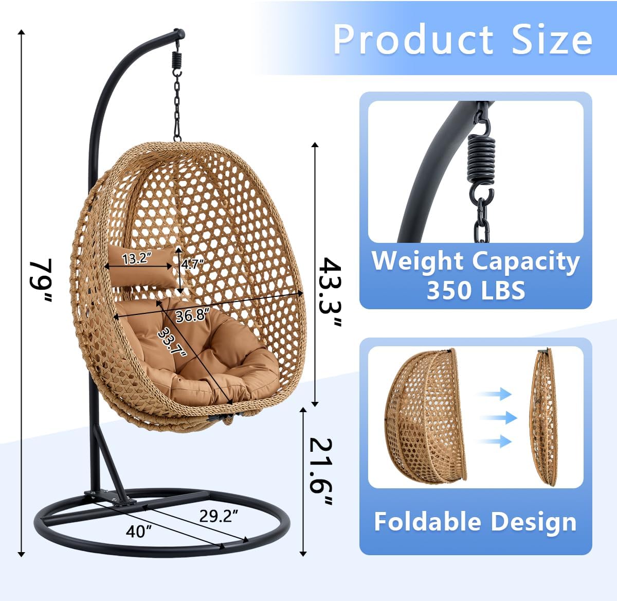 JUFU Egg Swing Chair Indoor Outdoor, Hanging Egg Chair with Aluminum Steel Frame, Patio Egg Chair with Removable Cushions, 350 lbs Capacity