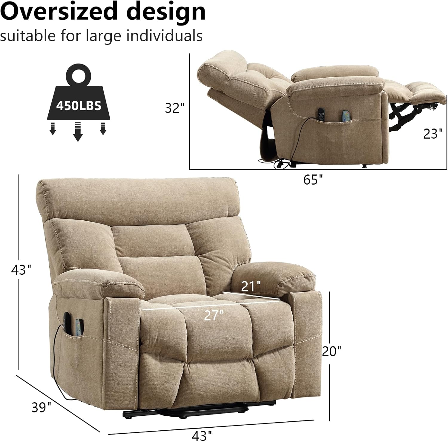 CANMOV Dual Motor Power Lift Recliner Chair for Elderly, 27' Extra-Wide Seat 450 lbs Weight Capacity Infinite Position Adjustment, with Heated Massage, Cup Holders and USB Port, Camel Fabric