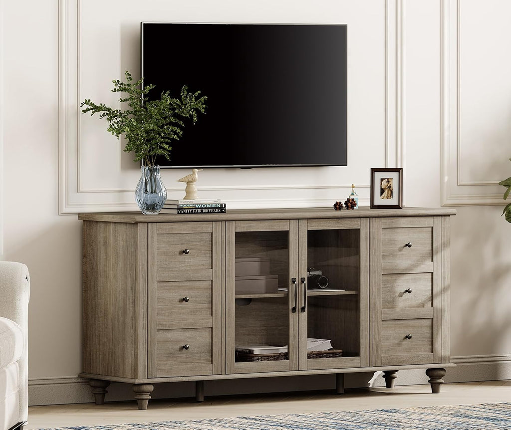 WAMPAT Glass Door Farmhouse TV Stand for TVs up to 65 inch, Wood TV Console Table with Storage Cabinets, Entertainment Center for 32-60 inch TV Console Cabinet, 58 Inch, Grey