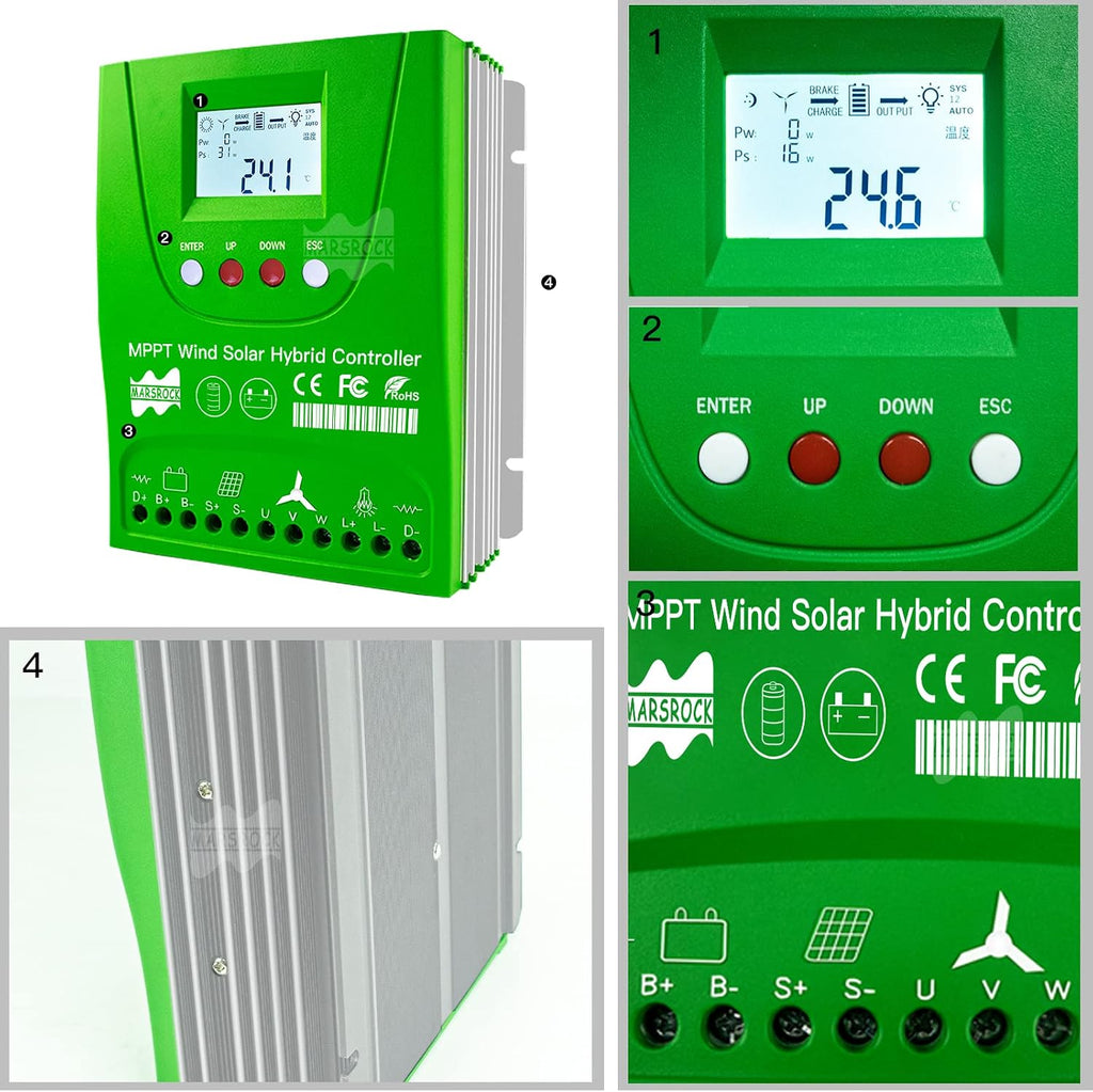 Marsrock 2000W 12V/24V Off Grid MPPT Wind Solar Hybrid Charge Controller,1000W Wind Turbine & 1000W Solar Panels Charge Controller with Dump Load,Suitable for Lithium Lead-Acid Gel Battery