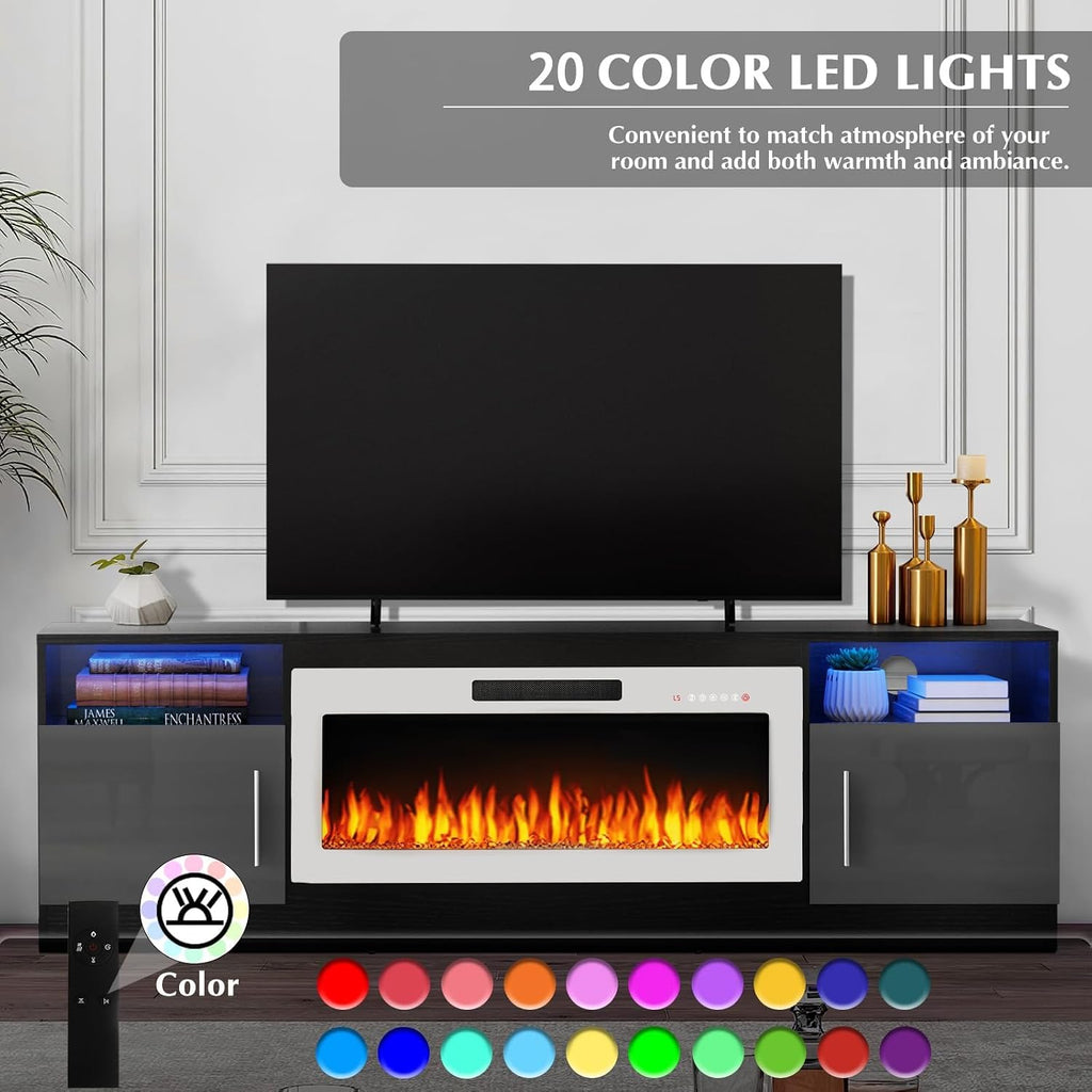 Lemberi Fireplace tv Stand with 36 inch White Fireplace Up to 80' TVs,LED Light Entertainment Center and Storage, 70' Modern Wood Media TV Console with Highlight Cabinet for Living Room