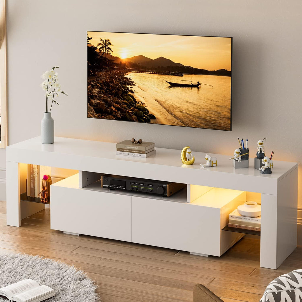 YESHOMY Modern LED TV Stand for Televisions up to 70 Inch with Glass Shelves and Drawer, Gaming Entertainment Center with Multiple Dynamic RGB Modes, for Livingroom, Bedroom, 60 Inch, Pearl White