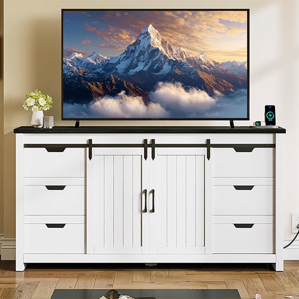 YITAHOME Farmhouse TV Stand for 65/55 Inch TV with Power Outlets & 6 Drawers, Entertainment Center with Sliding Barn Door and Adjustable Shelf, TV Media Console Storage Cabinet for Living Room, White