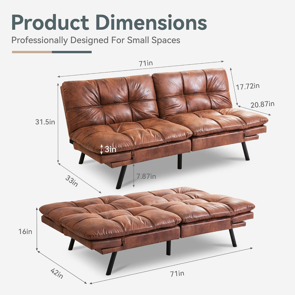 Vyfipt Convertible Futon Sofa Bed, Brown Faux Leather Futon Couch with Adjustable Backrest & Armrests, Folding Small Recliner Sleeper Sofa Bed for Living Room, Apartment, Office