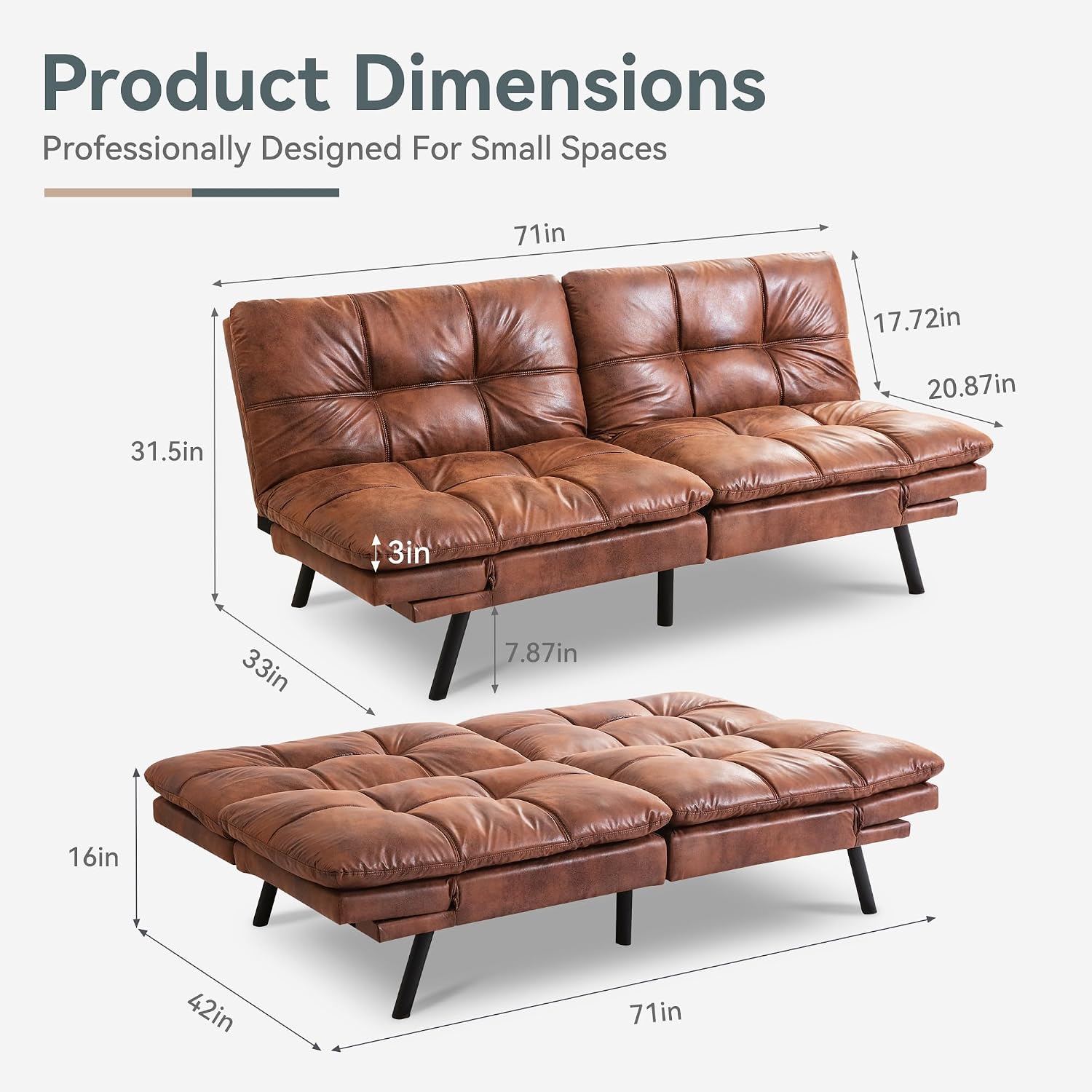 Vyfipt Convertible Futon Sofa Bed, Brown Faux Leather Futon Couch with Adjustable Backrest & Armrests, Folding Small Recliner Sleeper Sofa Bed for Living Room, Apartment, Office