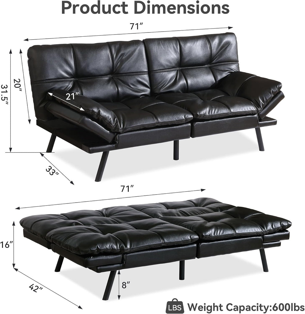 Convertible Futon Sofa Bed,71' Modern Premium Faux Leather Futon Couch with Adjustable Backrest&Armrest,Small Loveseat Sleeper Sofa,Dorm Futonsofa for Apartment,Living Room,Black