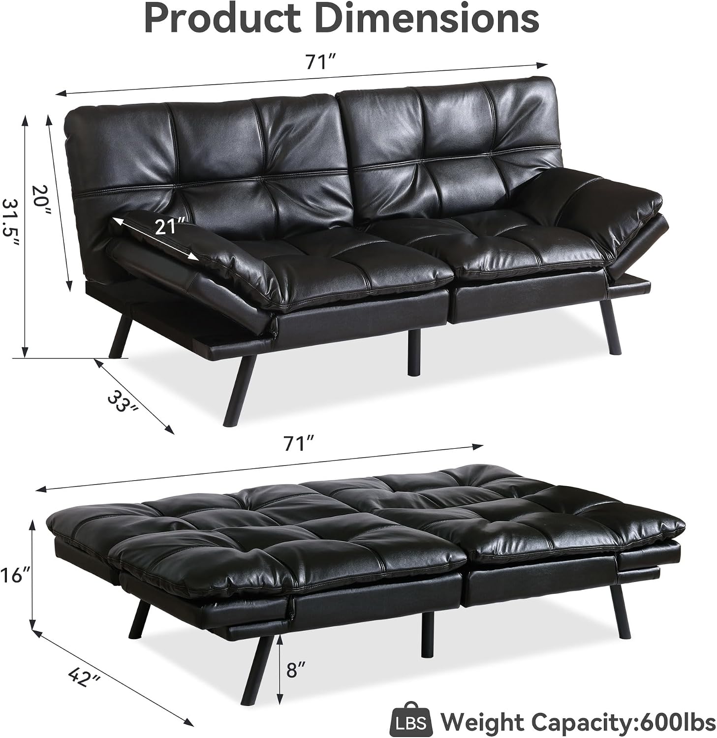 Convertible Futon Sofa Bed,71' Modern Premium Faux Leather Futon Couch with Adjustable Backrest&Armrest,Small Loveseat Sleeper Sofa,Dorm Futonsofa for Apartment,Living Room,Black