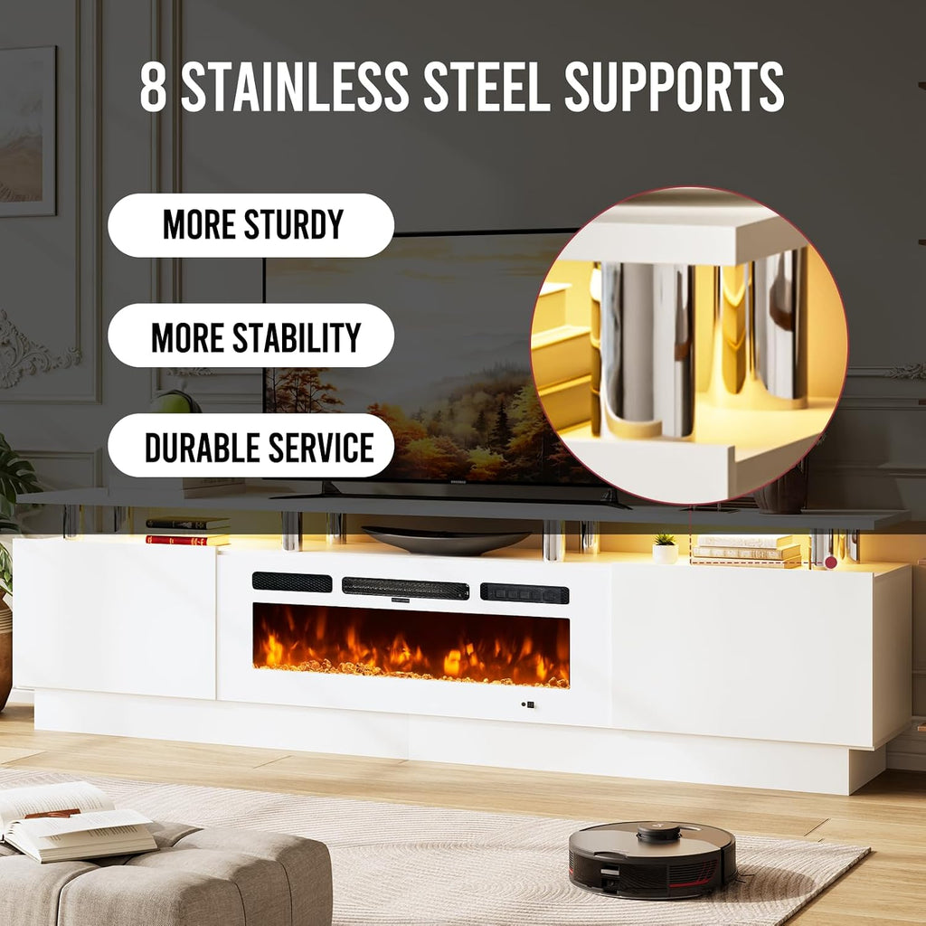 80' Entertainment Center & TV Stand, Modern Media Console with Storage Cabinet, Fits TVs up to 90', Living Room Furniture, 36' Electric Fireplace (All White)