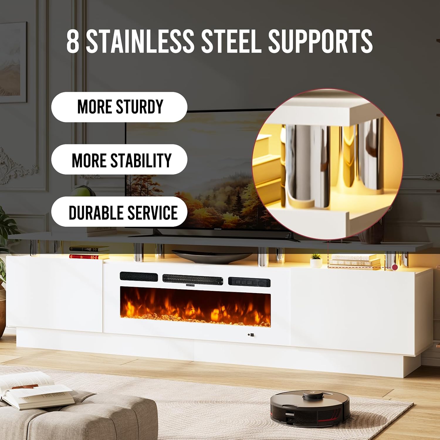 80' Entertainment Center & TV Stand, Modern Media Console with Storage Cabinet, Fits TVs up to 90', Living Room Furniture, 36' Electric Fireplace (All White)