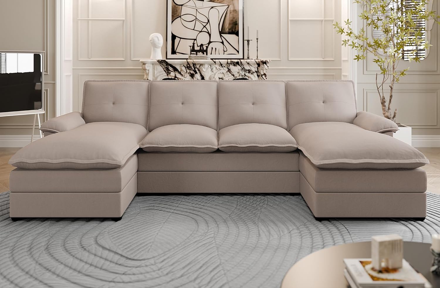 110' Sectional Couches for Living Room,4 Seat U Shape Modular Couch with Thick Cushion & Soft Backrest,Upholstered Sofa Couch with Double Chaise,Beige