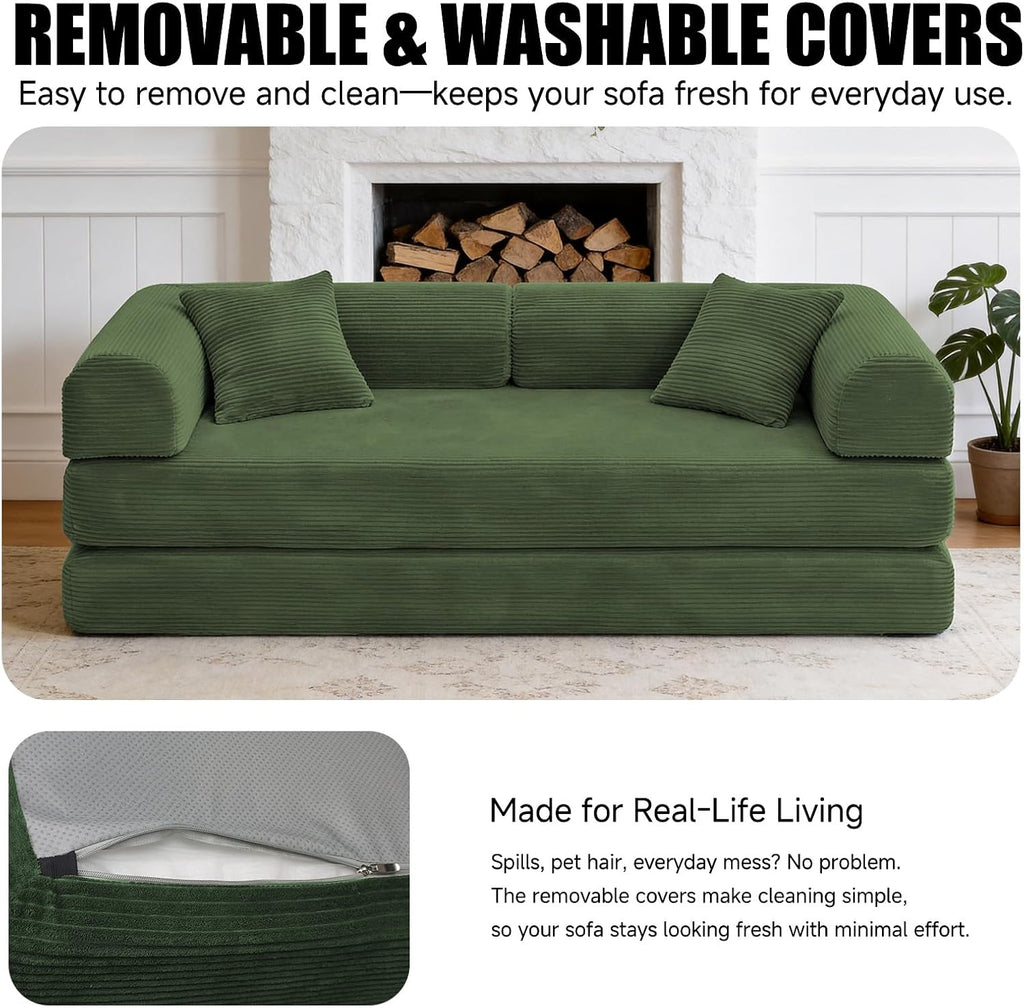 79'' Convertible Sofa Bed, Boneless Couch-in-a-Box, Corduroy Floor Futon Loveseat Sleeper, 26'' Deep Seat, Removable Machine-Wash Covers, No Assembly, 2 Pillows, Forest Green