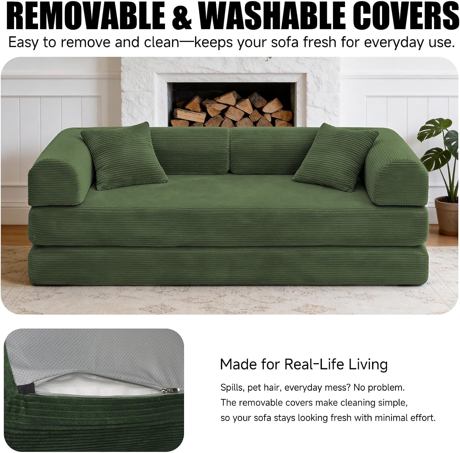 79'' Convertible Sofa Bed, Boneless Couch-in-a-Box, Corduroy Floor Futon Loveseat Sleeper, 26'' Deep Seat, Removable Machine-Wash Covers, No Assembly, 2 Pillows, Forest Green