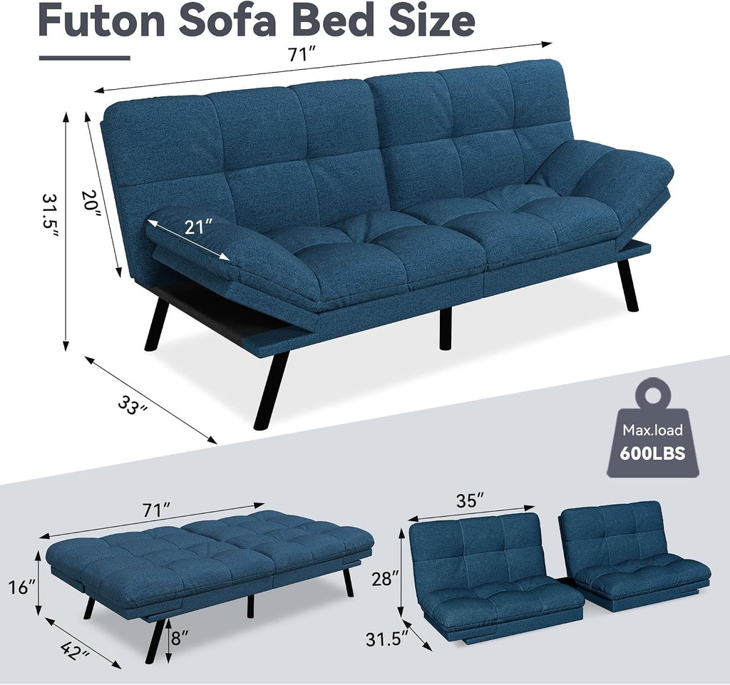 Convertible Futon Sofa Bed,Linen Futon Couch with Detachable Cushion,Adjustable Backrest & Armrest,Modern Small Loveseat Sleeper Recliner for Living Room,Office,Apartment,Blue