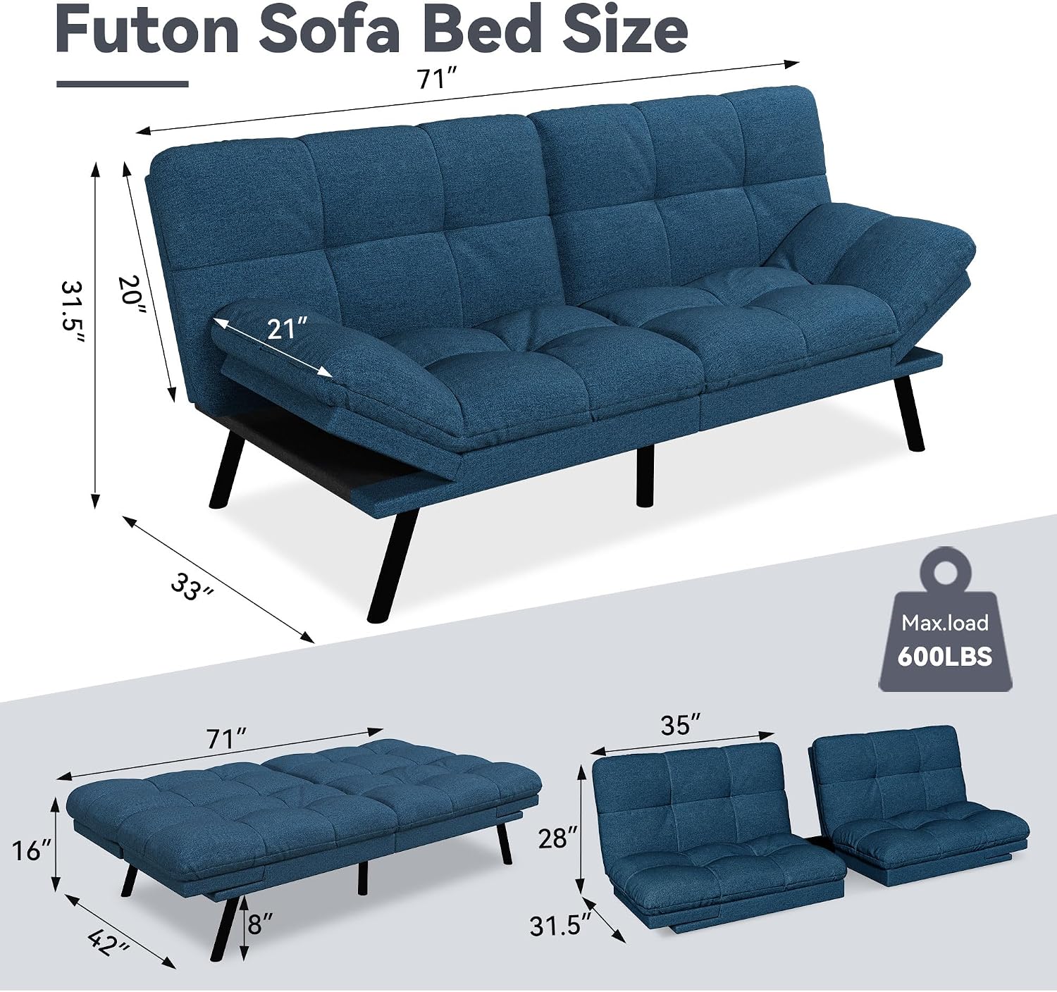 Convertible Futon Sofa Bed,Linen Futon Couch with Detachable Cushion,Adjustable Backrest & Armrest,Modern Small Loveseat Sleeper Recliner for Living Room,Office,Apartment,Blue