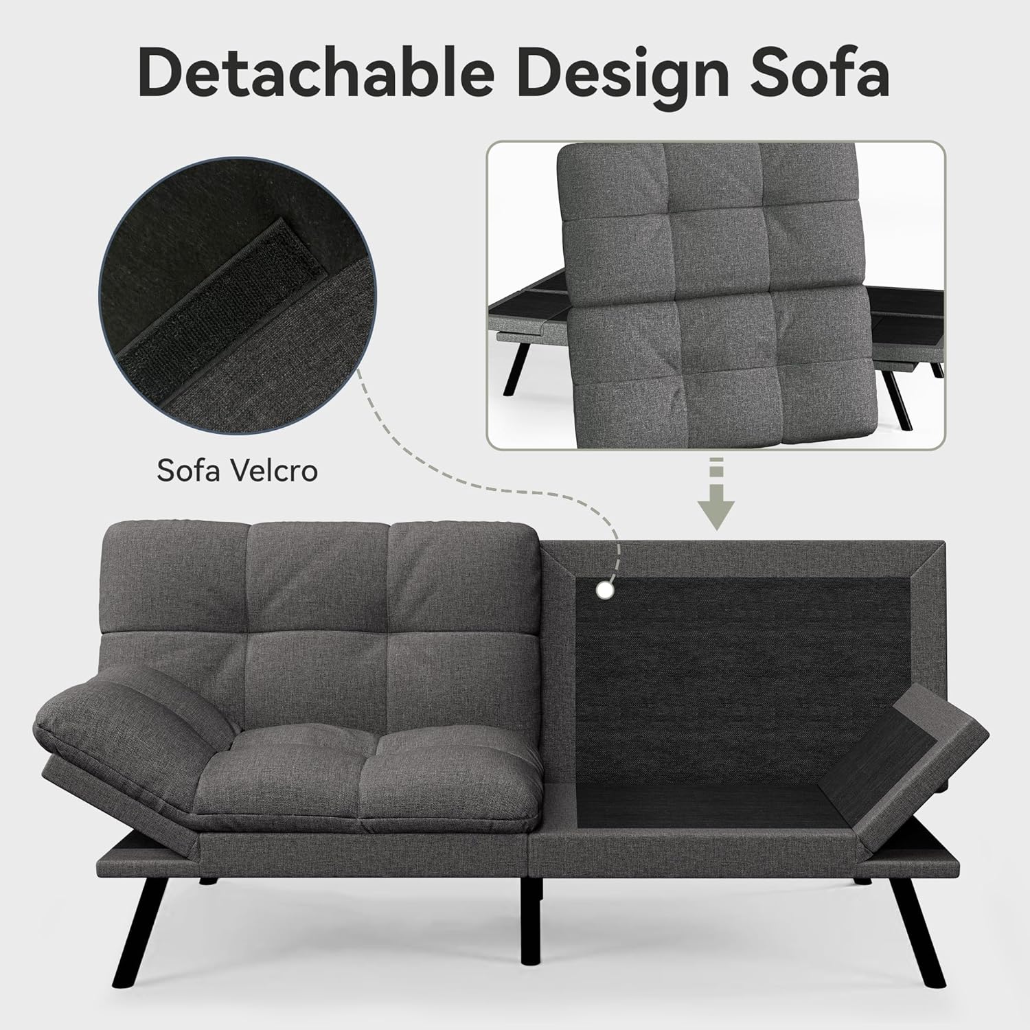 Convertible Futon Sofa Bed,Grey Linen Modern Futon Couch,Memory Foam Loveseat Sleeper Recliner,Detachable Cushion,Adjustable Backrest & Armrest,Couch for Living Room,Office,Apartment