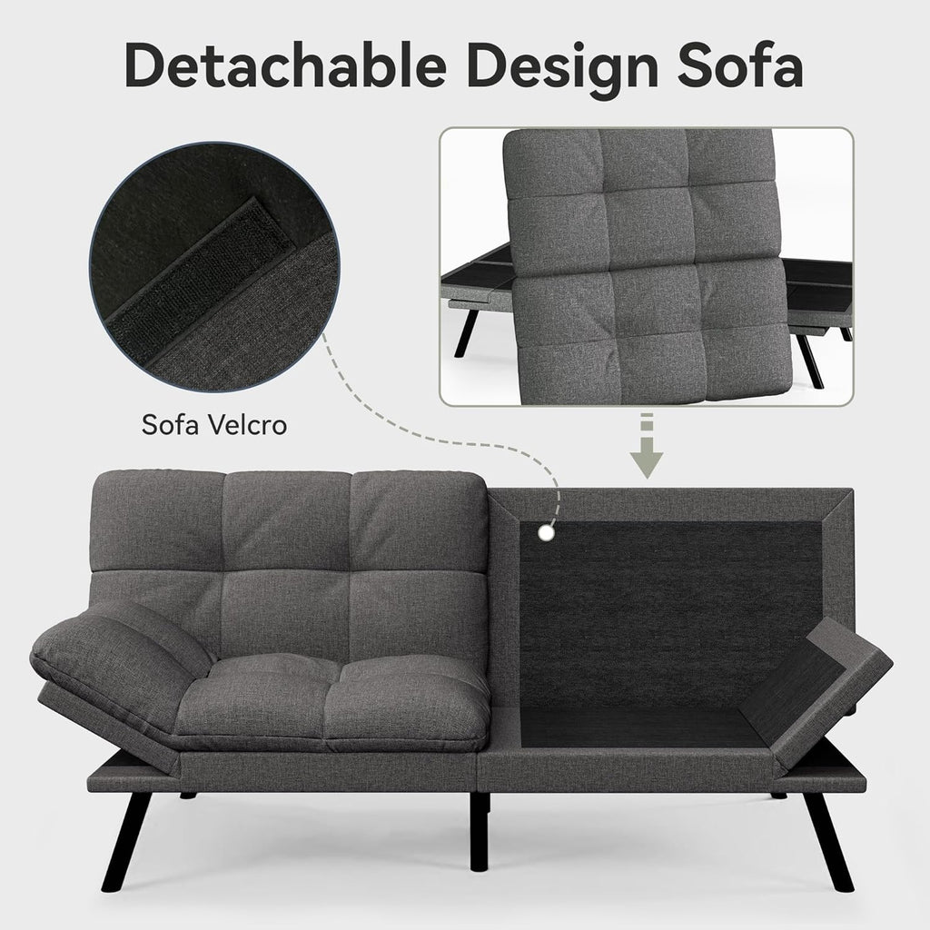 Convertible Futon Sofa Bed,71' Memory Foam Futon Couch,Detachable Cushion,Adjustable Backrest & Armrest,Linen Modern Loveseat Sleeper Recliner for Living Room,Office,Apartment,Mist Grey