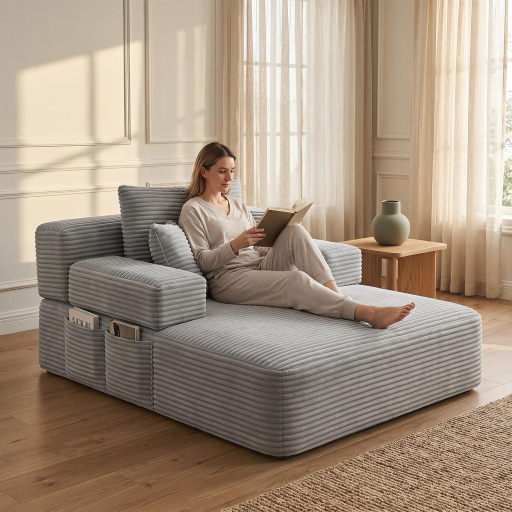 Oversized Boneless Chaise Sofa Bed, Corduroy Chaise Lounge Chair Indoor with Storage Pockets, Upholstered Cloud Sleeper Chair Bed for Small Space, Living Room, Bedroom, Apartment, Light Grey
