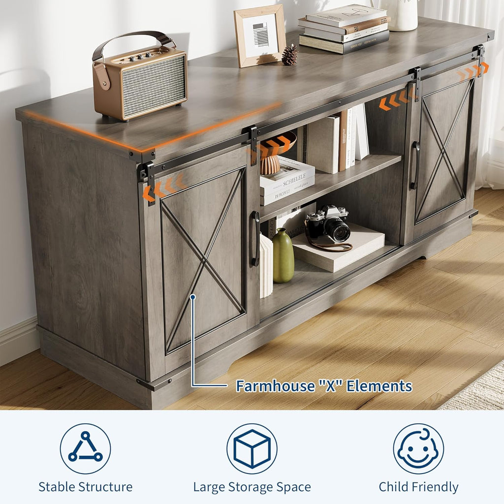 IDEALHOUSE Farmhouse TV Stand and Entertainment Center for Tv up to 65 inches with Sliding Barn Doors and Adjustable Shelf, Tv Media Console Table with Storage Cabinet for Living Room, Grey