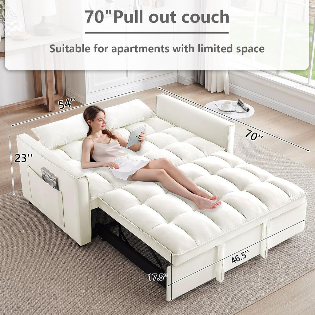 3 in 1 Convertible Sleeper Sofa Bed,Futon Pull Out Couch with Adjustable Backrest,Velvet Fabric Loveseat Sofa with Side Pocket for Bedroom, Living Room (Beige)