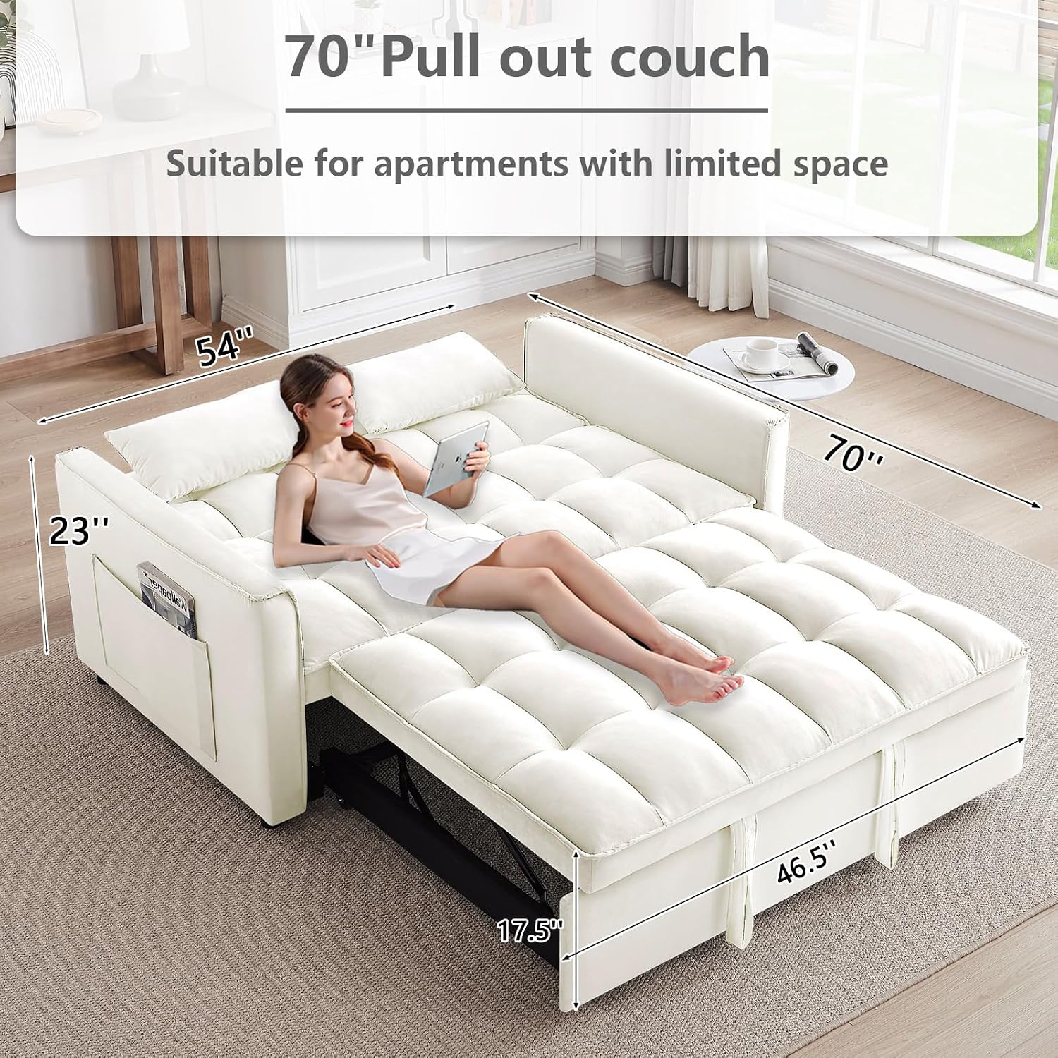 3 in 1 Convertible Sleeper Sofa Bed,Futon Pull Out Couch with Adjustable Backrest,Velvet Fabric Loveseat Sofa with Side Pocket for Bedroom, Living Room (Beige)