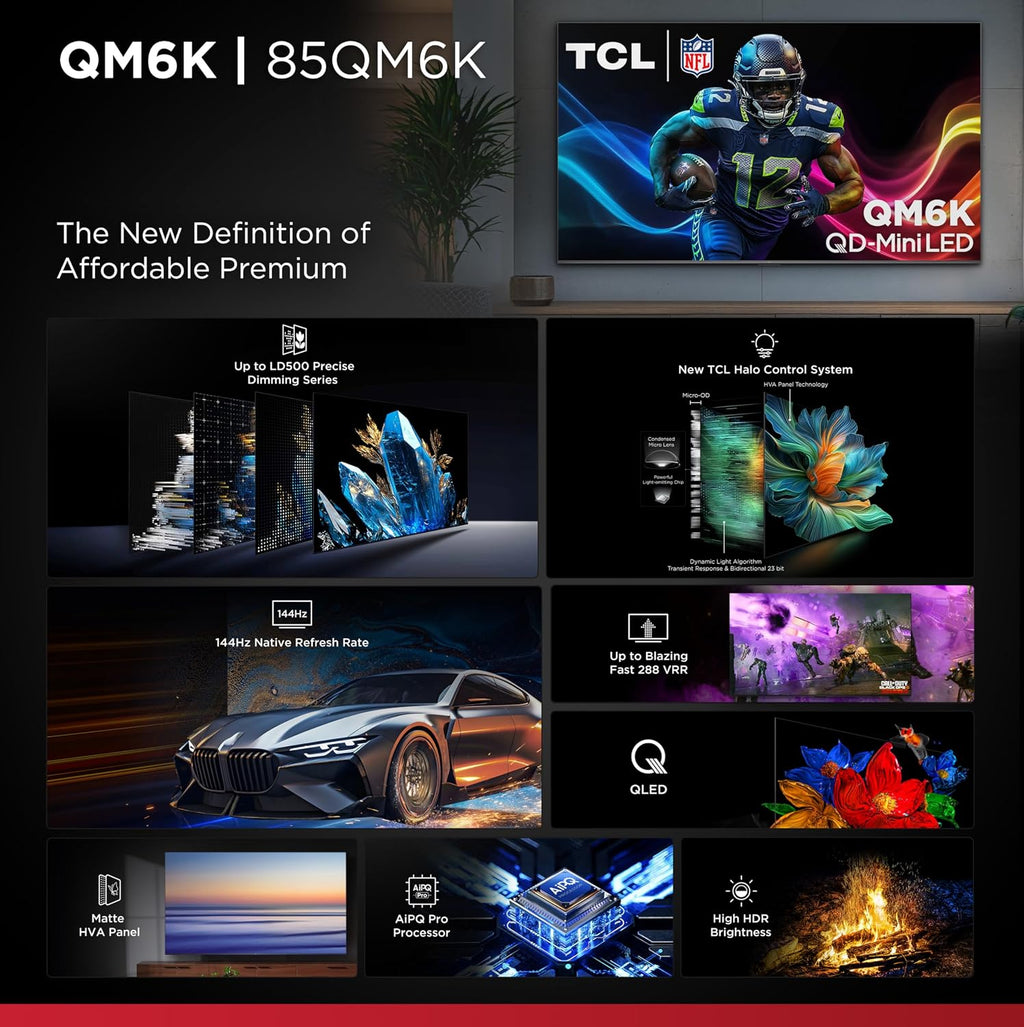 TCL 85 Inch Class QM6K Series | Mini LED QLED 4K HDR | 85QM6K, 2025 Model | 120HZ-144HZ High Brightness Smart Google TV Dolby Atmos Onkyo Audio | Voice Remote Alexa Gaming Streaming Television
